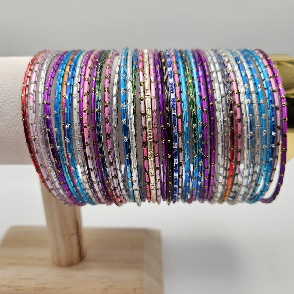 NEW VINTAGE 80s Rainbow Multicolor Metal Glitter Dot Mixed Bangle Lot of 39